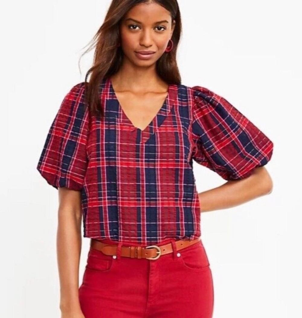 Loft Red Plaid Puff Sleeve V-Neck Top Textured Seersucker Cottagecore holiday